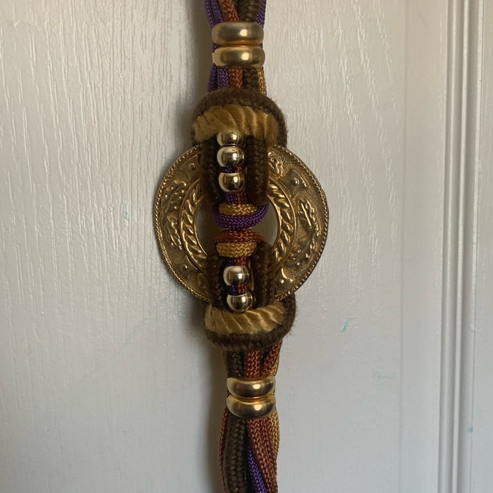 BELT..VINTAGE GOLD(BRASS) MEDALLION WITH OLIVE GREEN PURPLE GOLD BROWN ROPING